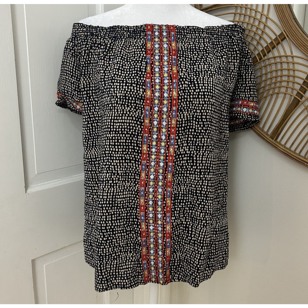 THML Black Tan Embroidered Boho Flowy Peasant Top Festival Ethnic Blouse Sz L